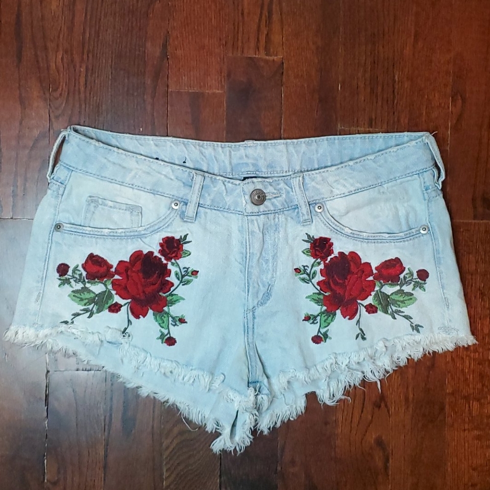 H&M patch-work denim, frayed jean short
